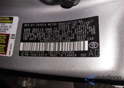 2010 Toyota Corolla Le из США, поврежденный, VIN 2T1BU4EE4AC314086